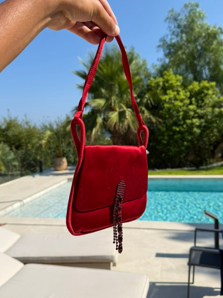Escada red silk crystal tassels evening bag