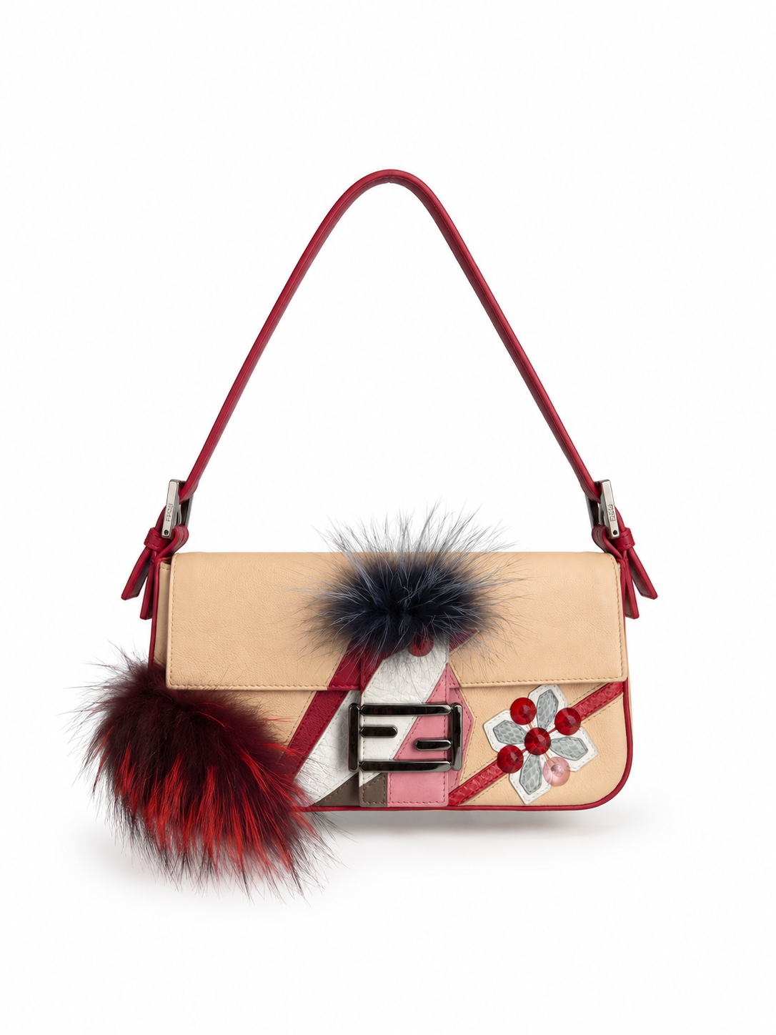Fendi fur embellished leather baguette bag