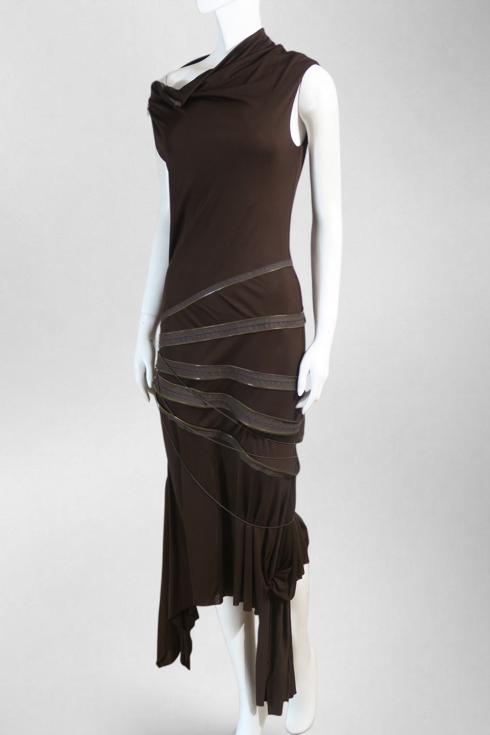 Jean Paul Gaultier Brown Maxi Dress – Zipper Details – Pleated Movement –  Size S/M – yourgarmentz