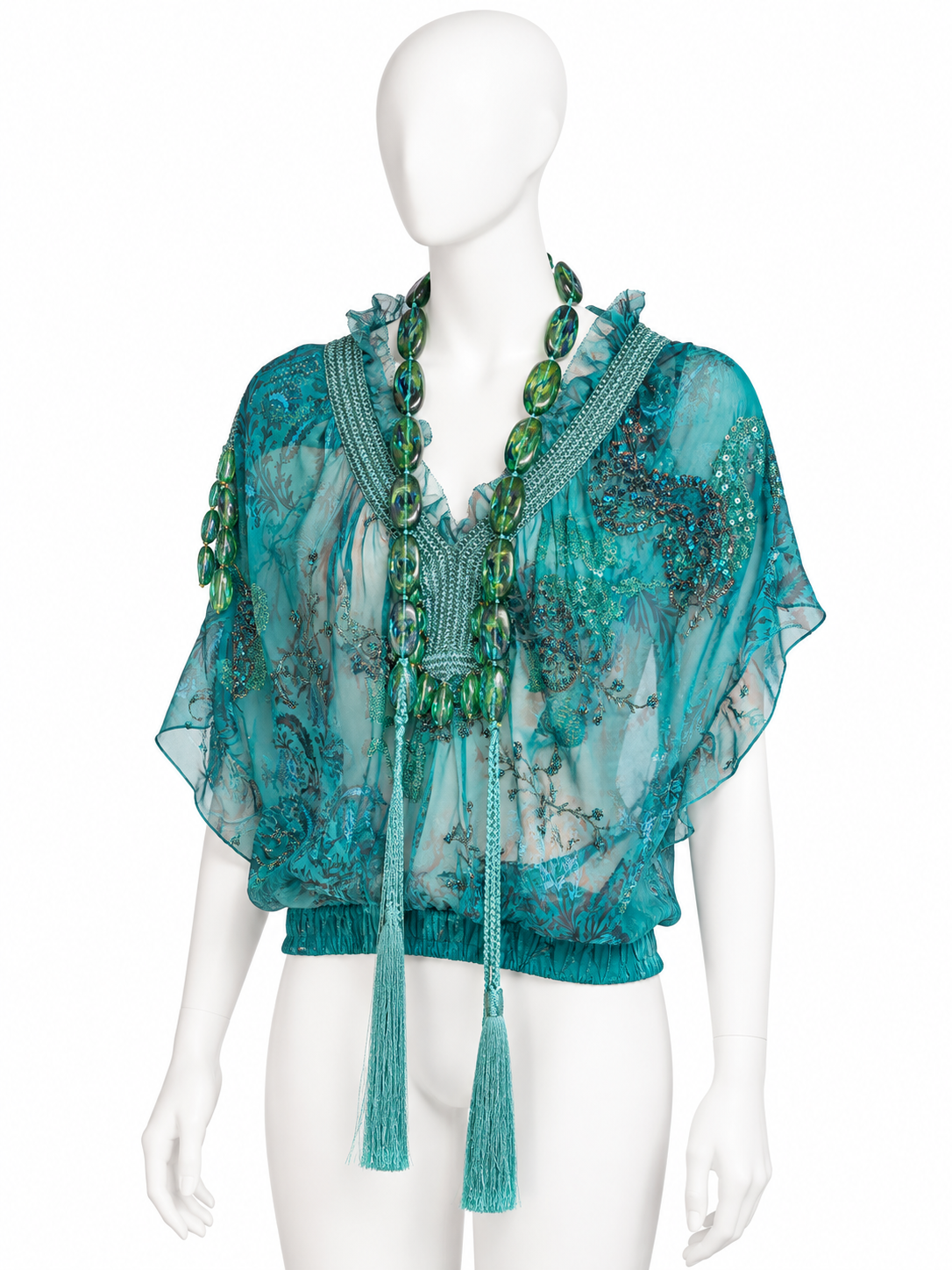 Emanuel Ungaro Spring 2005 embellished turquoise silk top with beaded necklace