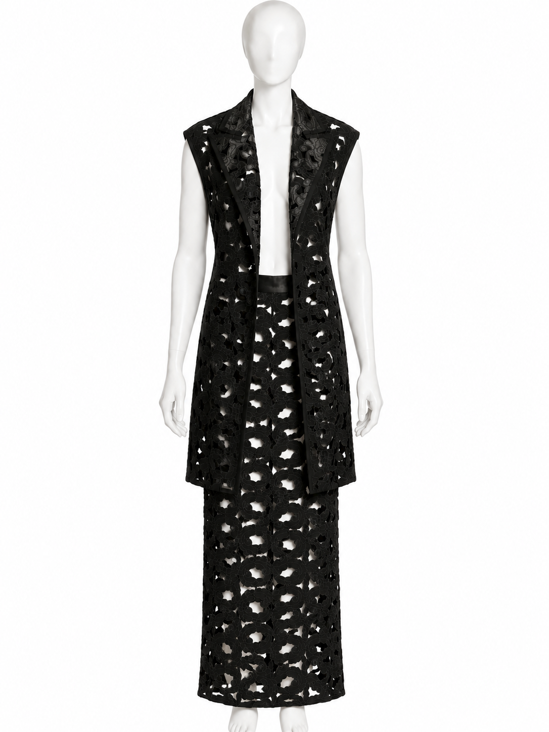 Jean Paul Gaultier black lace sleeveless jacket and maxi skirt set
