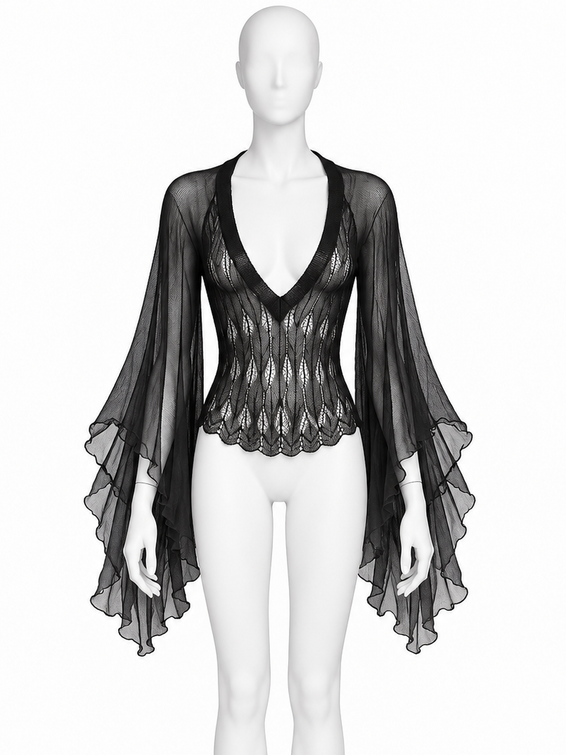 Jean Paul Gaultier black lightly knitted backless top with oversized chiffon sleeves
