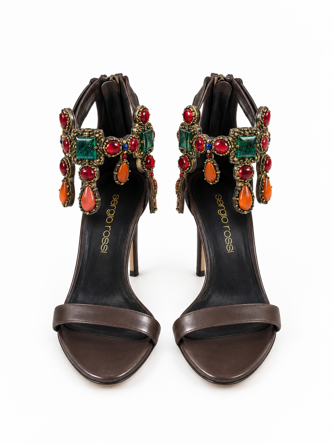 Sergio Rossi embellished brown leather heels