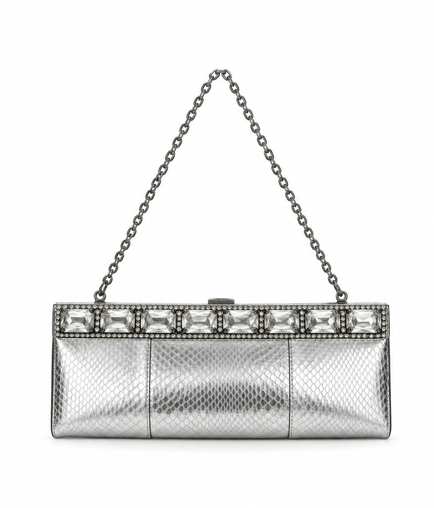 Valentino silver python crystal chain clutch