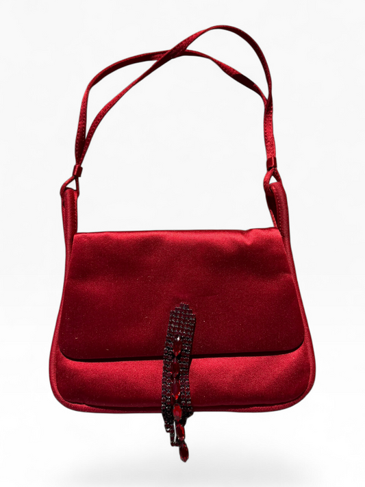 Escada red silk crystal tassels evening bag