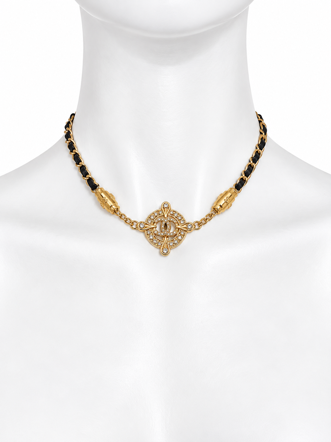 Chanel CC crystal medallion leather chain choker