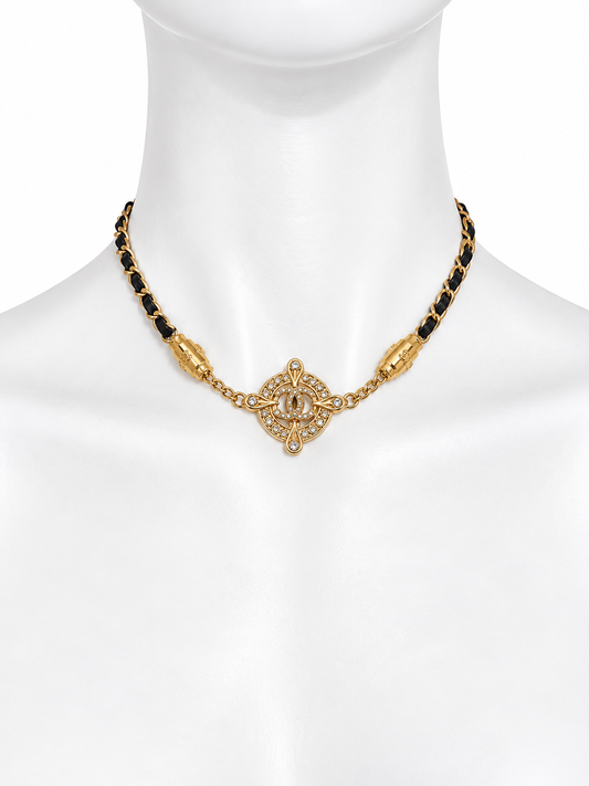 Chanel CC crystal medallion leather chain choker