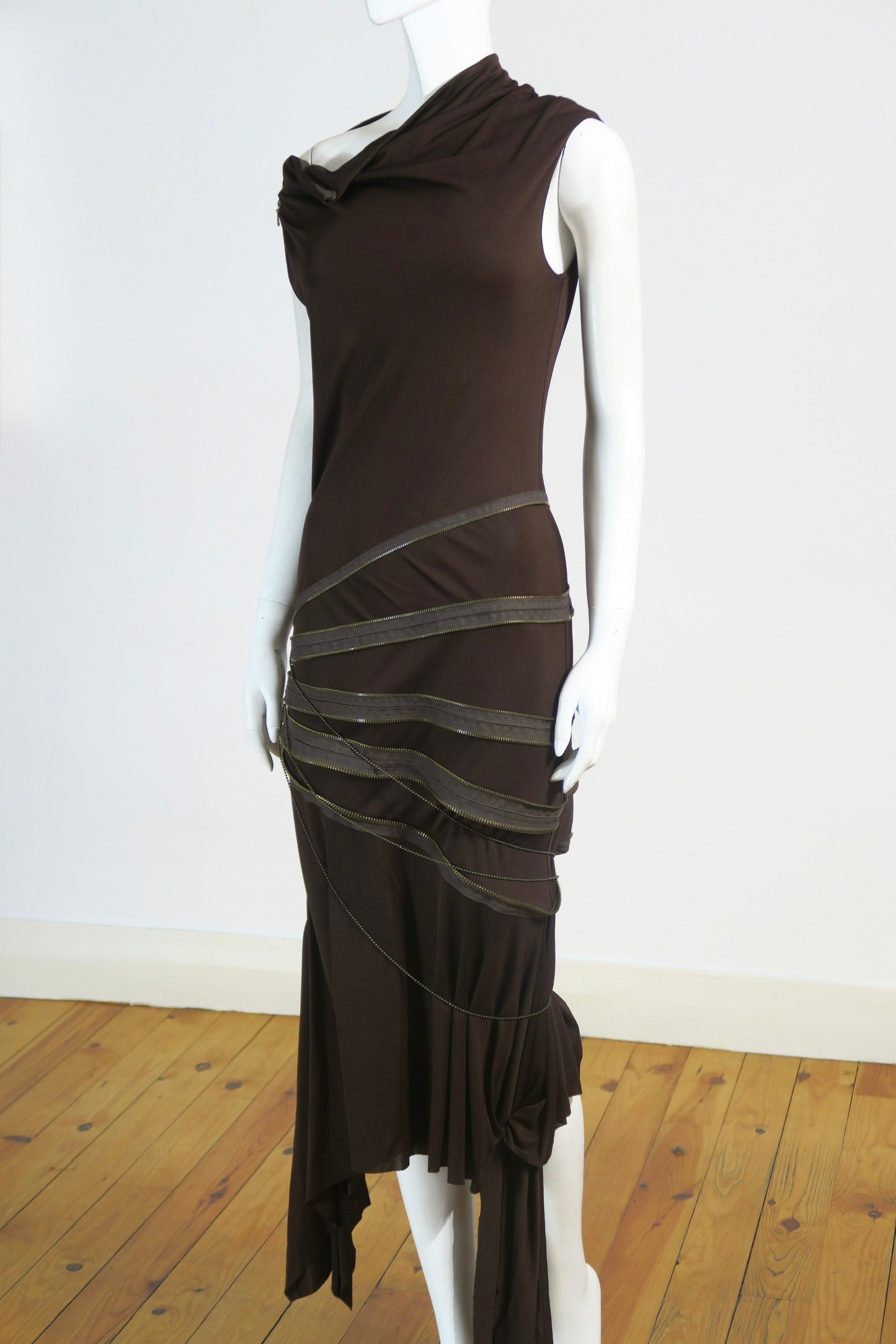 Jean Paul Gaultier Brown Maxi Dress – Zipper Details – Pleated Movement – Size S/M – yourgarmentz