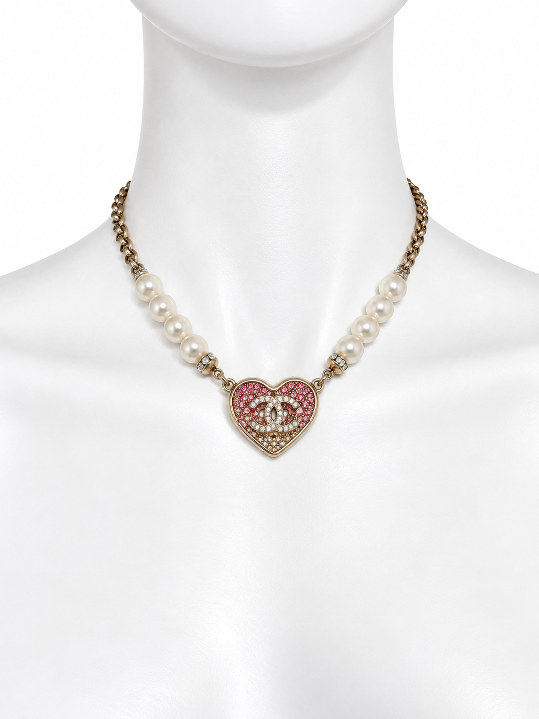 Chanel CC enamel crystal faux pearl heart reversible necklace