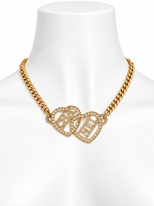 Chanel crystal double heart choker necklace