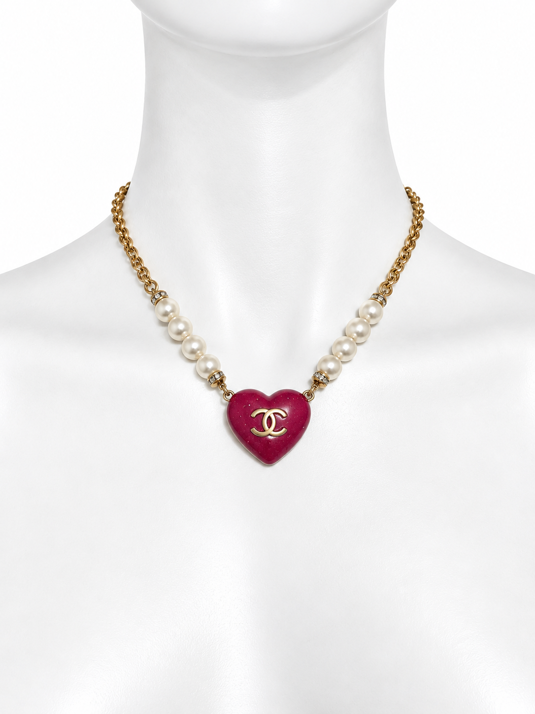 Chanel CC enamel crystal faux pearl heart reversible necklace