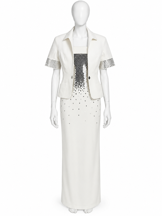 Mugler couture white crepe embellished maxi dress and jacket