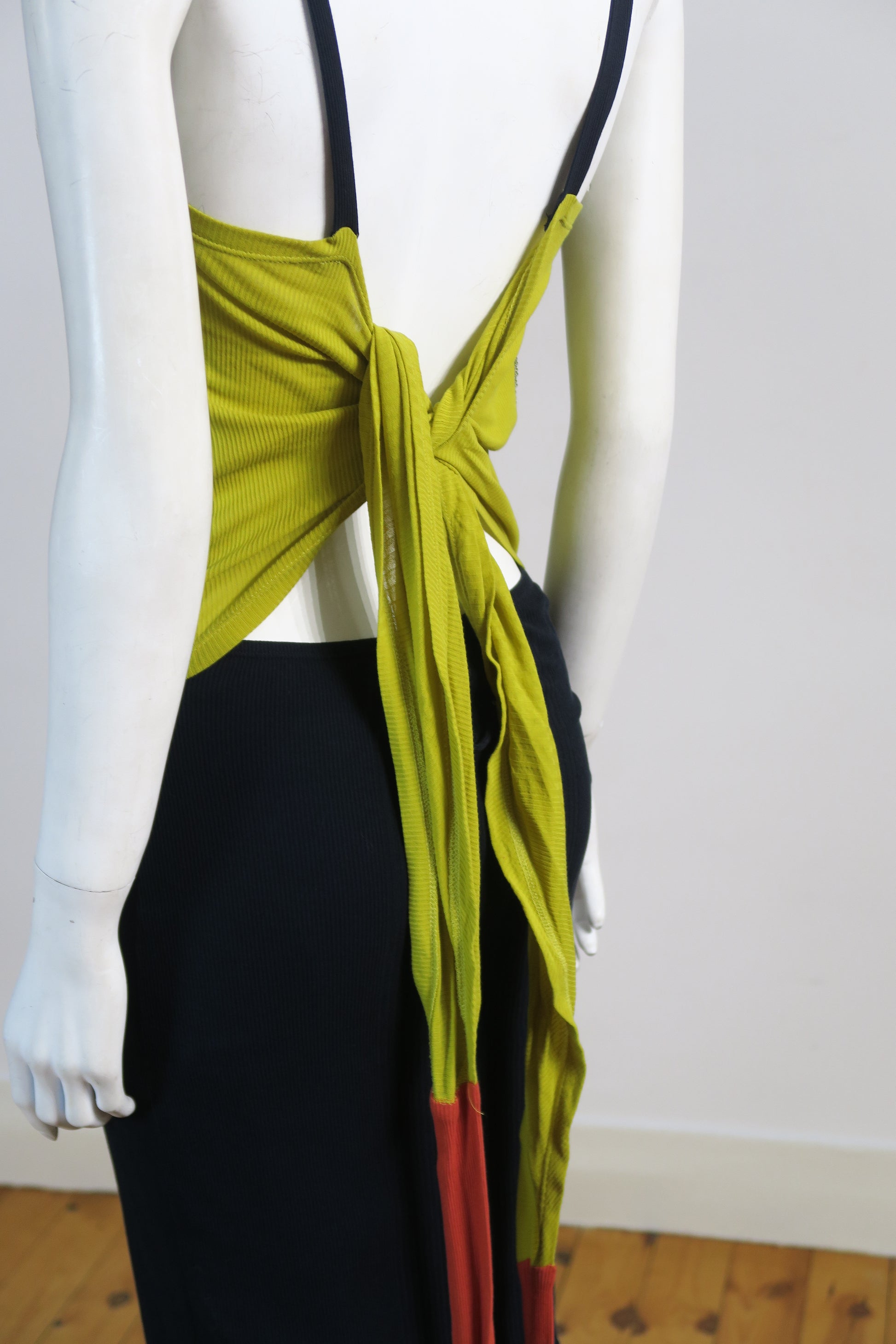 Jean Paul Gaultier Mesh Chainmail Midi Dress Tie Detail Yellow Red Size L (Fits M) yourgarmentz Jean Paul Gaultier Mesh Chainmail Midi Dress Tie Detail Yellow Red Size L (Fits M) yourgarmentz