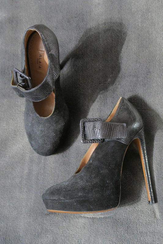 Alaia black suede heels buckle detail