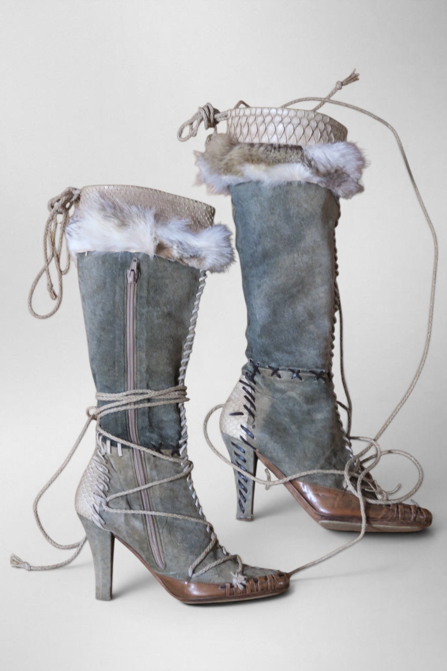 John Galliano suede fur python boots