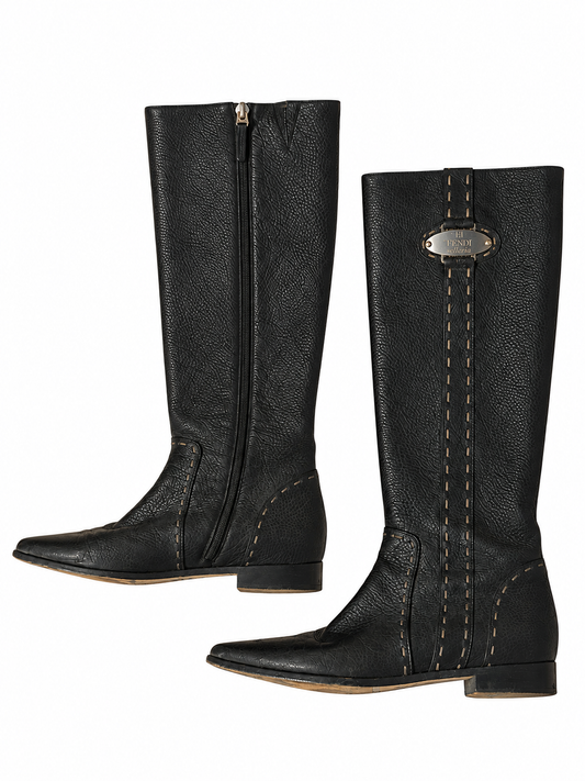 Fendi selleria black leather mid calf boots size 38