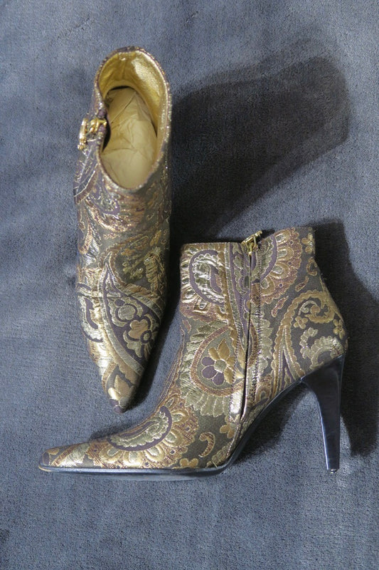 Celine jacquard boots gold print heels