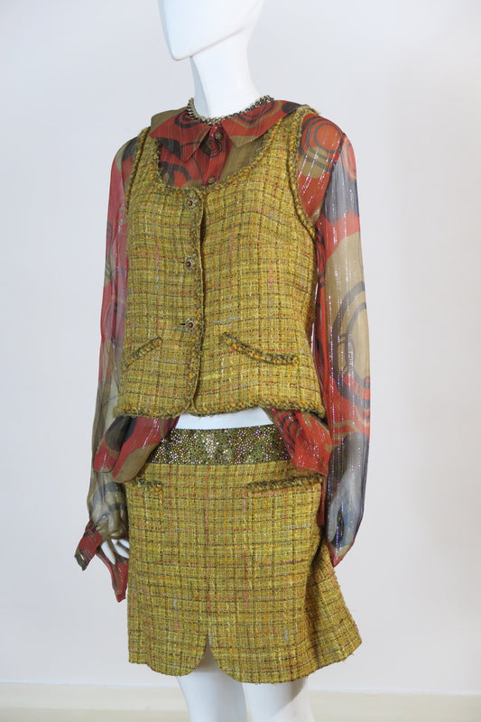 Chanel tweed set vest skirt blouse