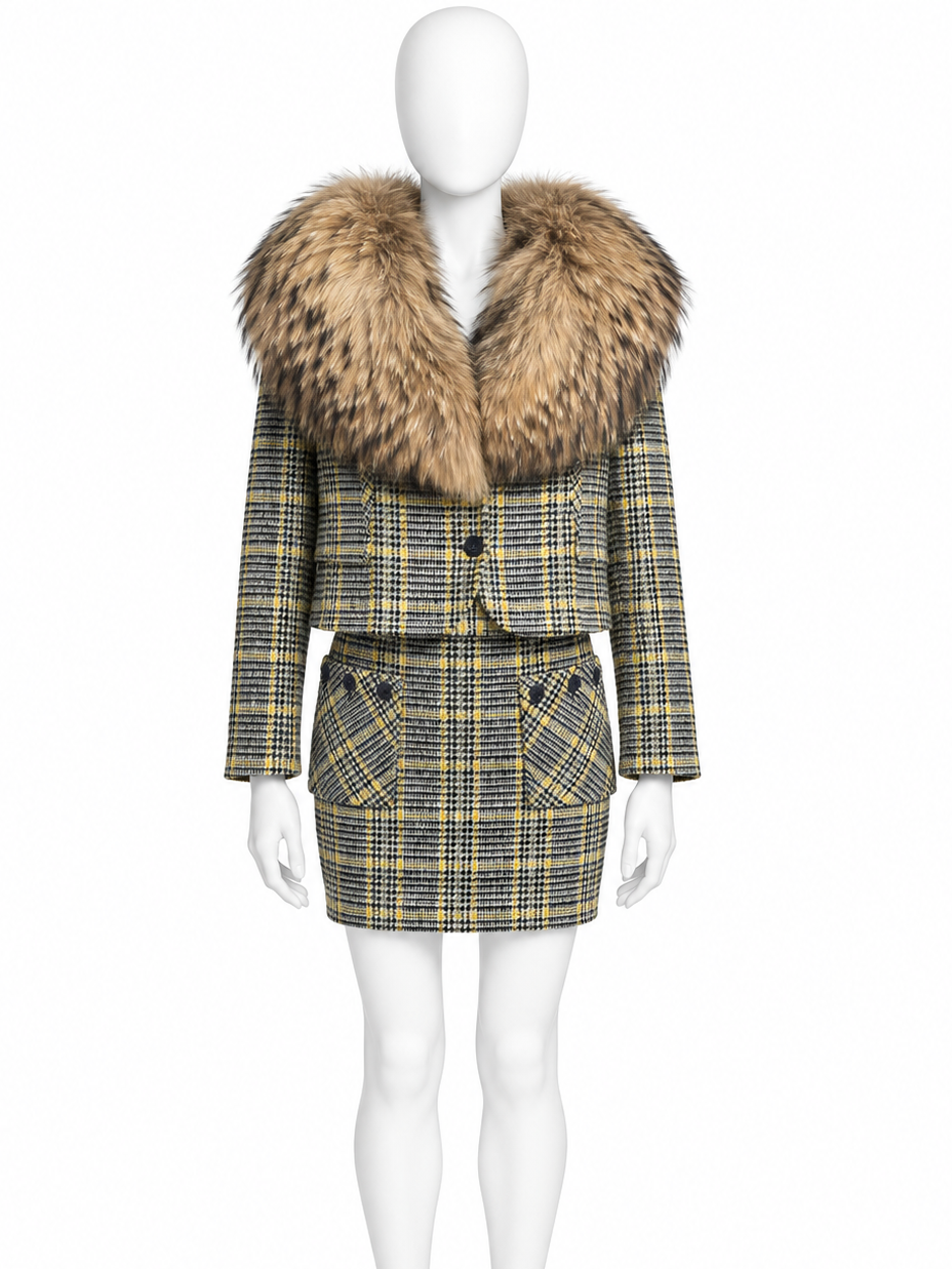 Valentino fall 2004 fur collar plaid jacket and skirt set