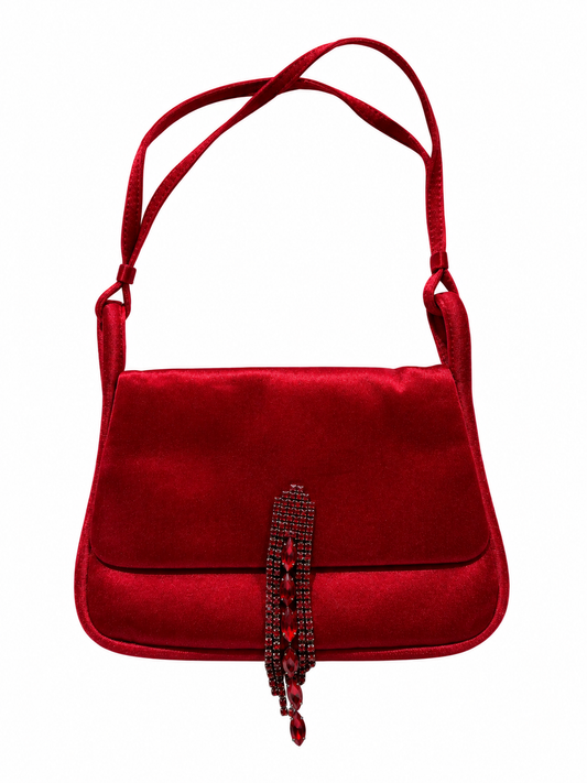 Escada red silk crystal tassels evening bag