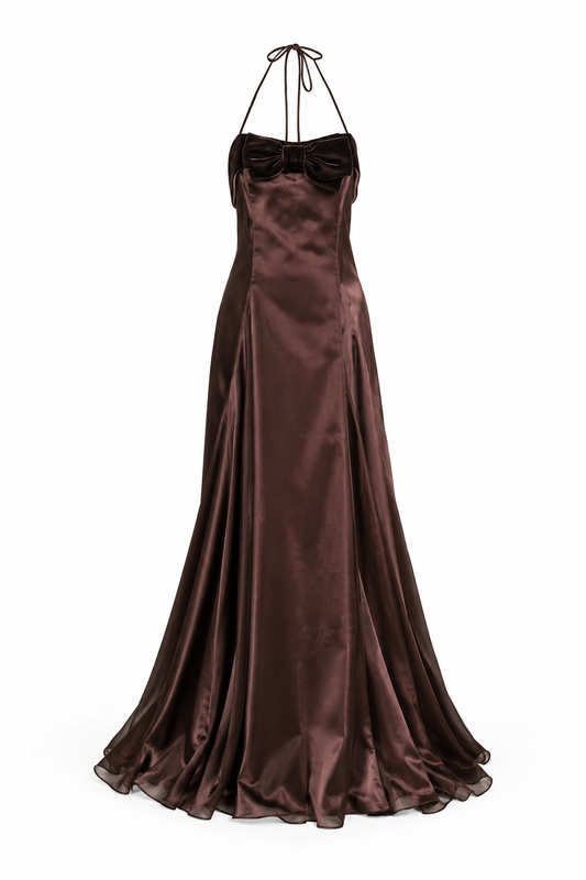 Valentino brown ribbon satin silk maxi dress