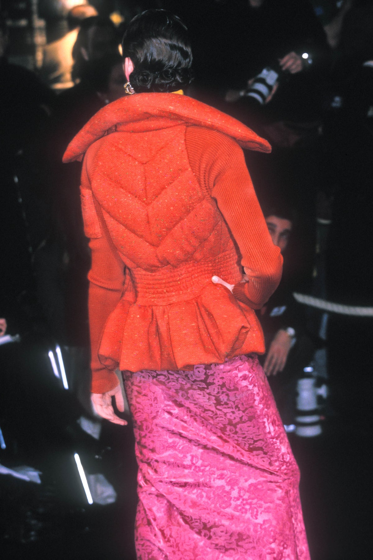 Dior fall 1998 pink floral jacquard jacket and mini skirt set
