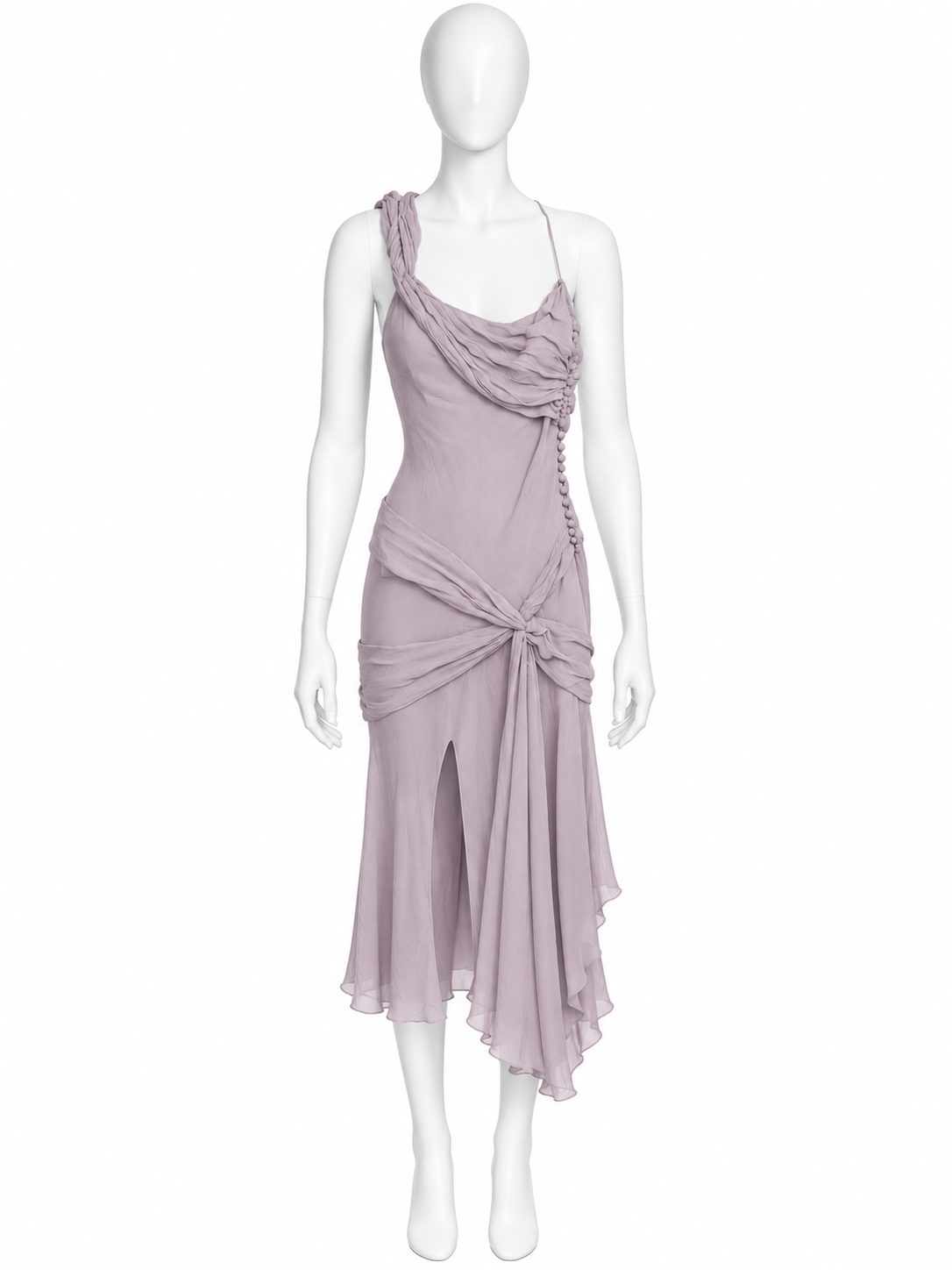 John Galliano light purple silk draped midi dress