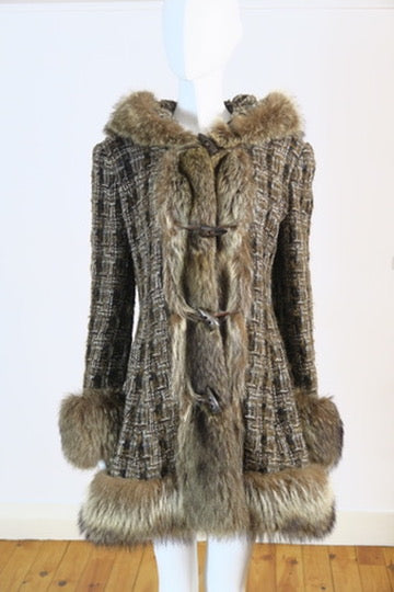 D&G fur trim coat tweed brown