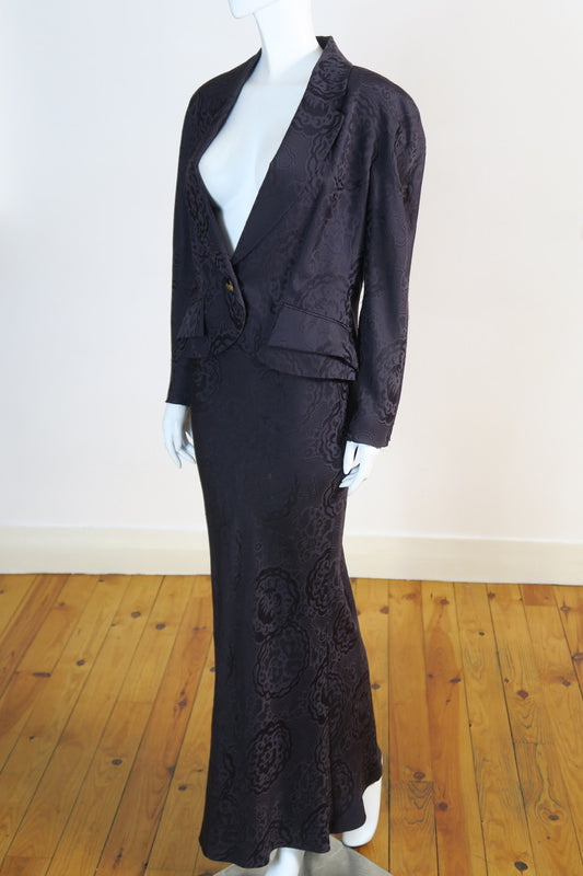 Dior Galliano 1999 plum jacquard silk set jacket skirt