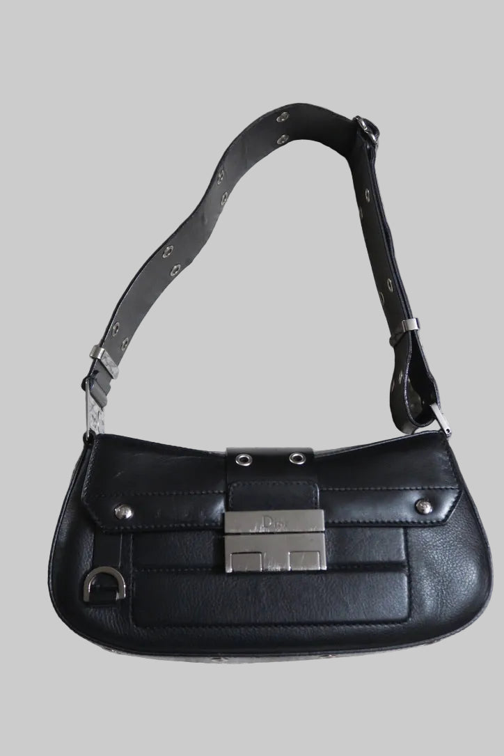 Dior black leather shoulder bag studded strap Galliano era Paris