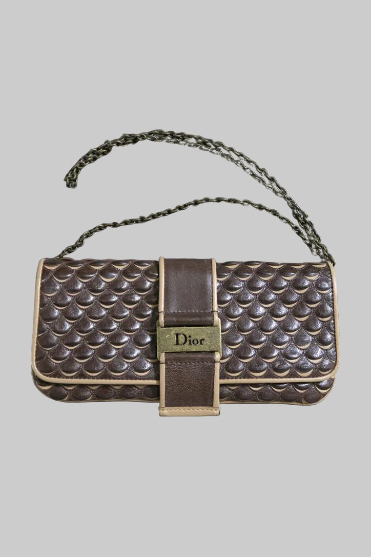 Dior brown textured clutch bronze chain mirror