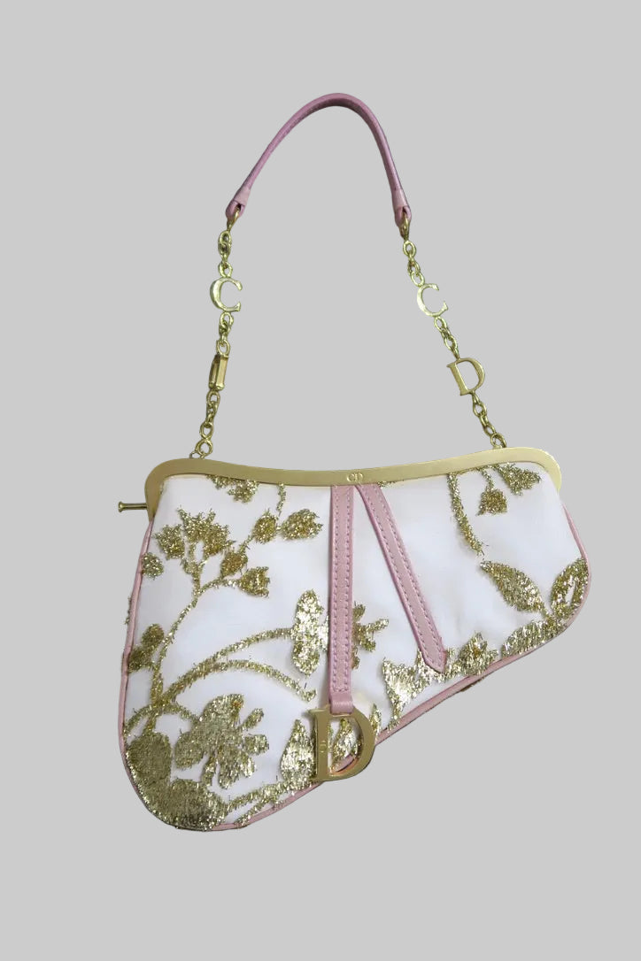 Dior mini saddle bag white silk gold applique