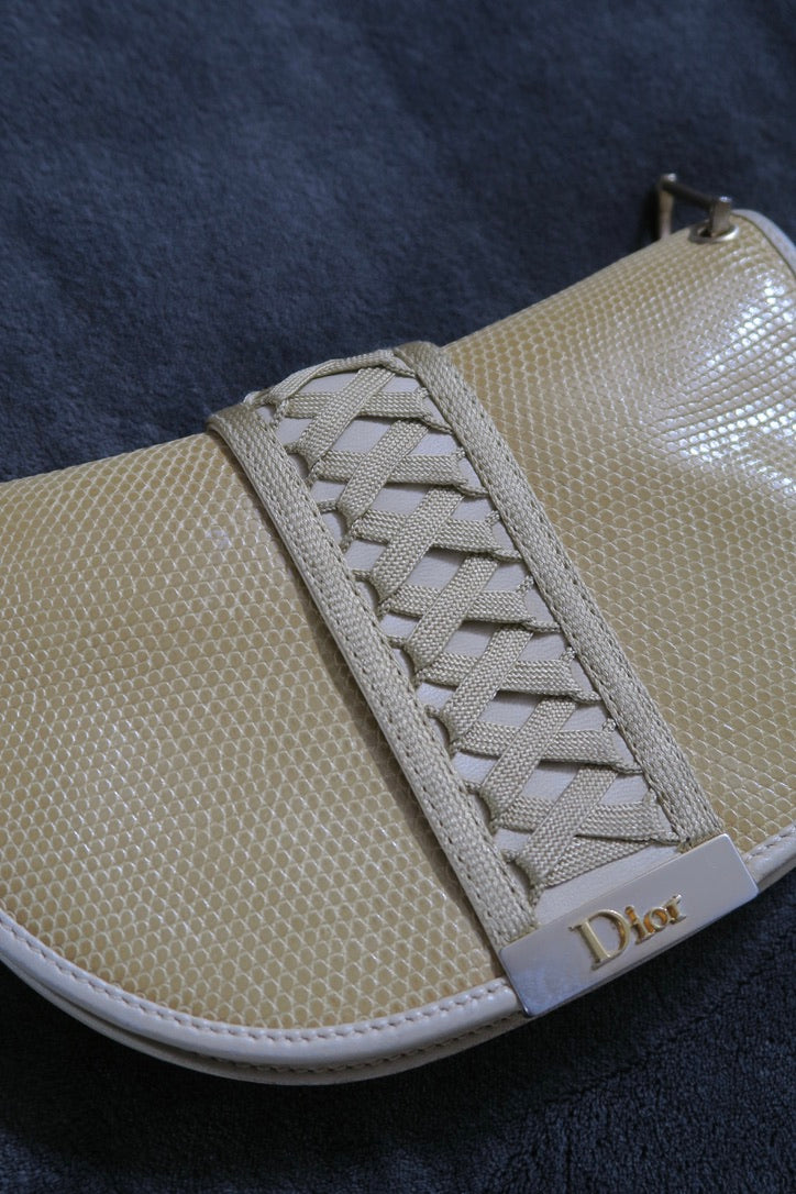 Dior saddle style bag lace detail neutral tone