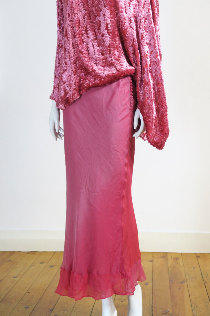 Dior vintage pink outfit silk chiffon skirt buttons