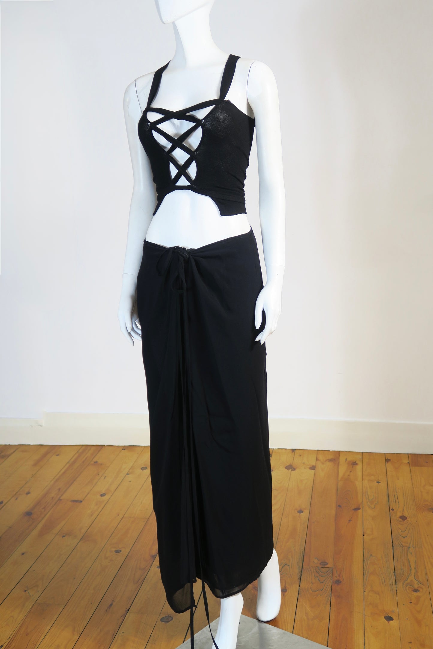Dolce & Gabbana bondage top black wrap skirt set 90s
