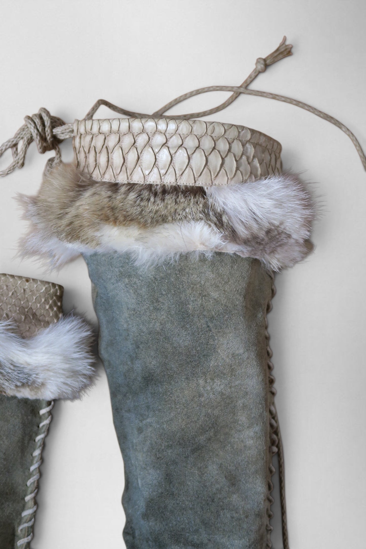 John Galliano suede fur python boots