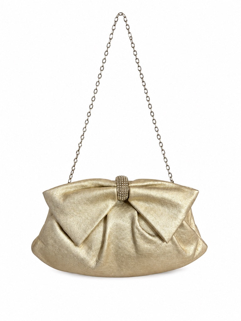 Valentino gold metallic leather bow crystal clutch