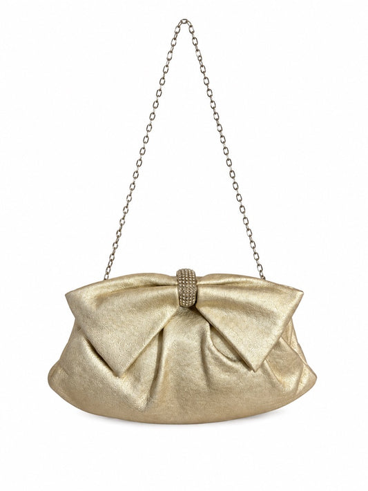 Valentino gold metallic leather bow crystal clutch