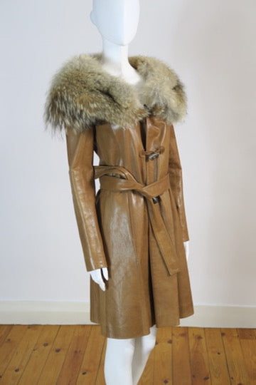 Fendi brown leather trench coat fur collar
