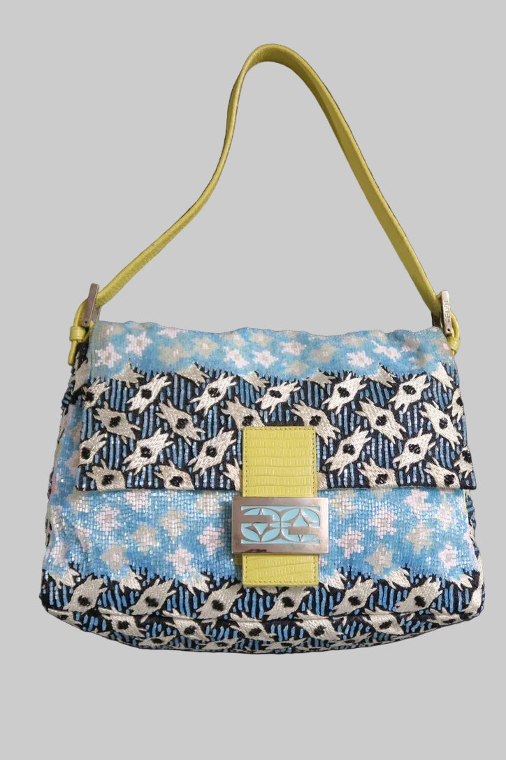 Fendi mamma baguette blue beaded bag yellow straps