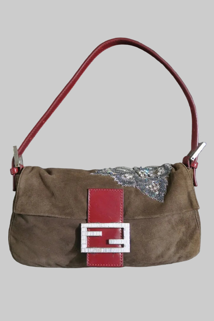 Fendi suede baguette bag embroidered sequins crystal clasp