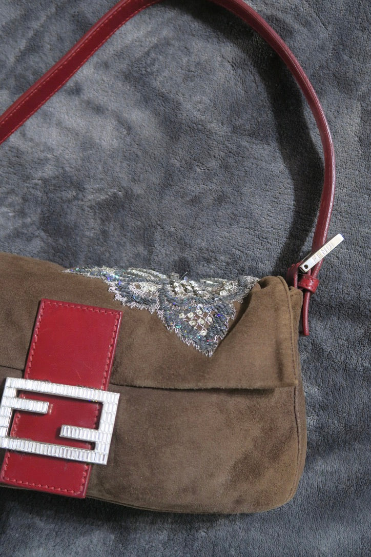 Fendi vintage baguette brown suede red leather