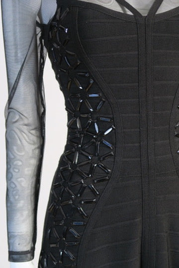 Hervé Léger Black Bondage Dress – Beaded Panels – Mesh Sleeves – Size M –  yourgarmentz