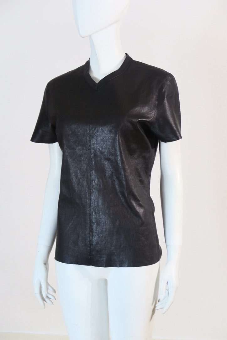 JPG lambskin leather fitted top short sleeve