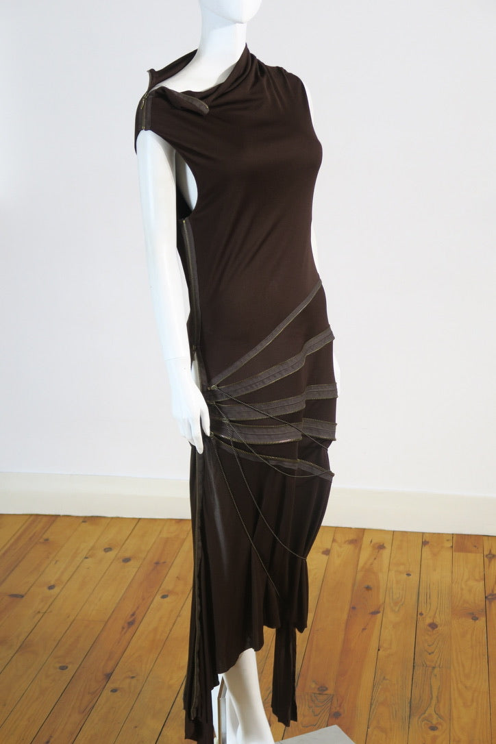 Jean Paul Gaultier brown maxi dress zipper details