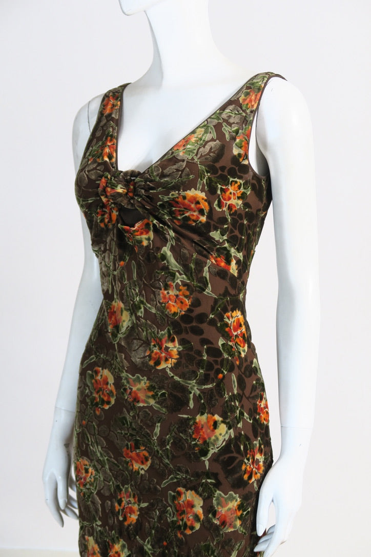 John Galliano 2005 floral silk dress velvet detail