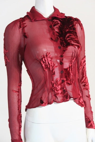 John Galliano red devore sheer top velvet detail Paris