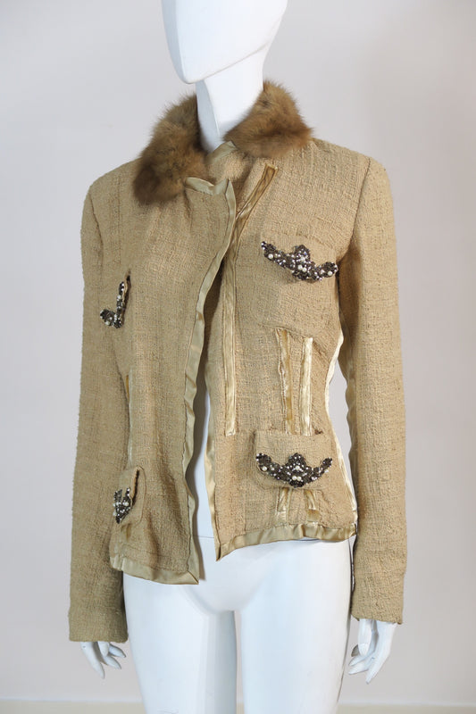 Roberto Cavalli tweed jacket fur trim corset fit