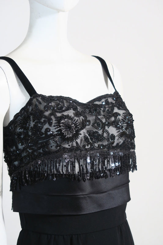 Valentino black mini dress beaded straps satin