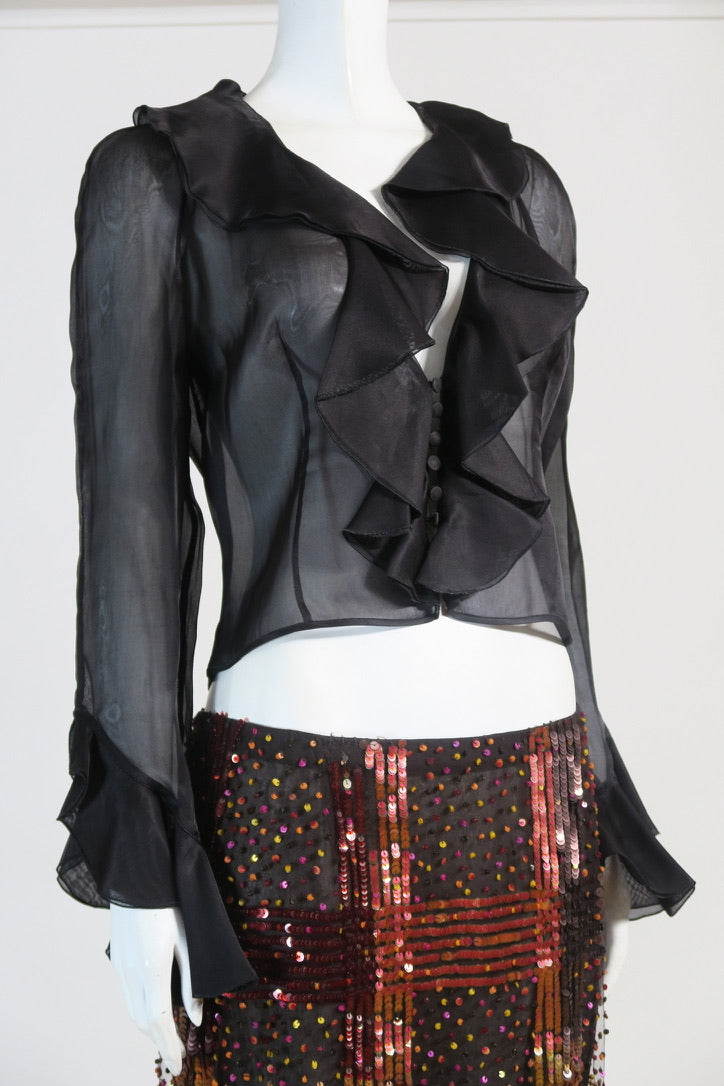 Valentino black silk ruffle top sheer buttons